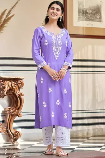 Lavender pure rayon heavy thread embroidered work kurta pant set
