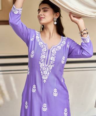 Lavender pure rayon heavy thread embroidered work kurta pant set 4