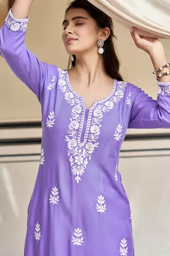 Lavender pure rayon heavy thread embroidered work kurta pant set
