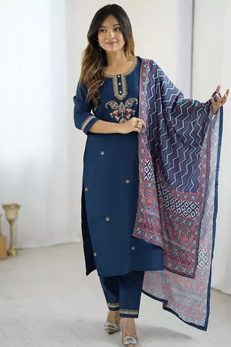 Navy blue chanderi silk heavy thread embroidered work with printed dupatta kurta pant set