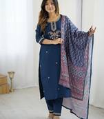 Navy blue chanderi silk heavy thread embroidered work with printed dupatta kurta pant set