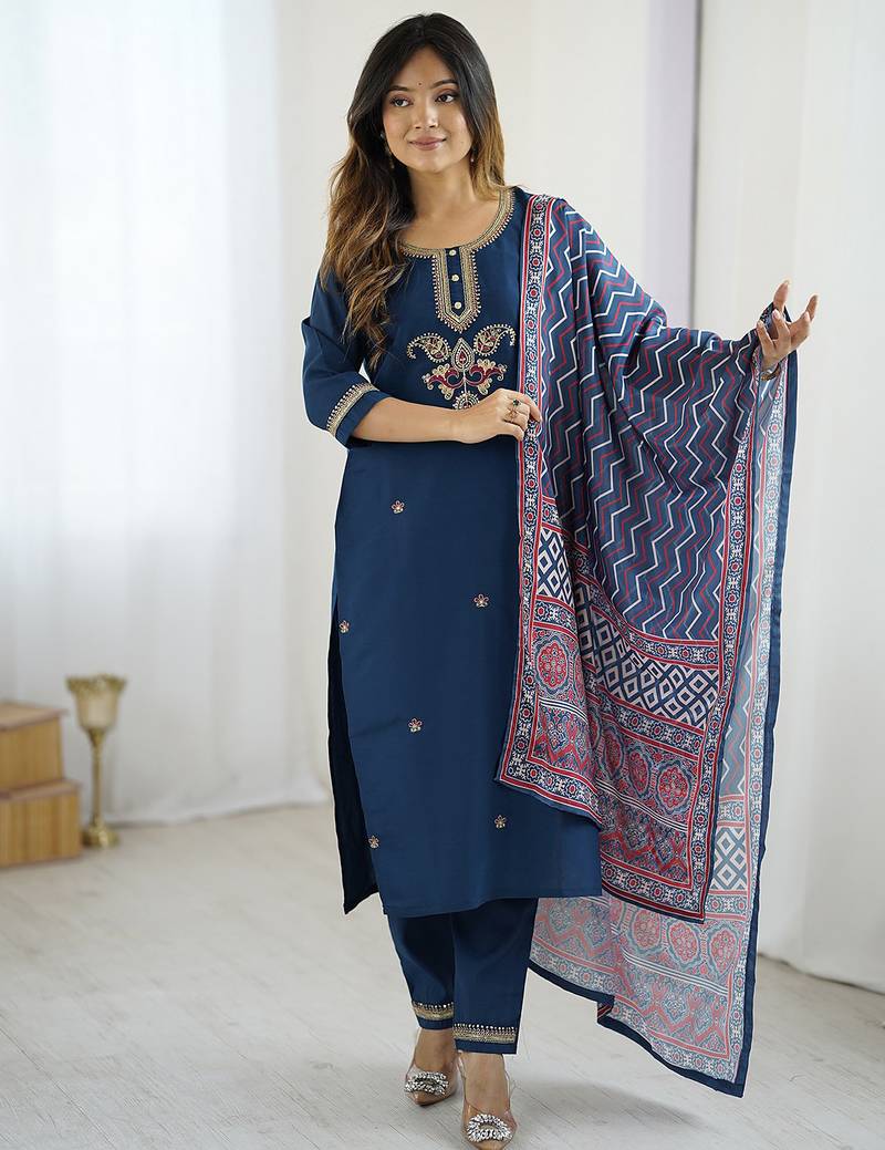 Navy blue chanderi silk heavy thread embroidered work with printed dupatta kurta pant set