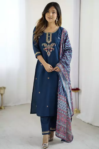 Navy blue chanderi silk heavy thread embroidered work with printed dupatta kurta pant set