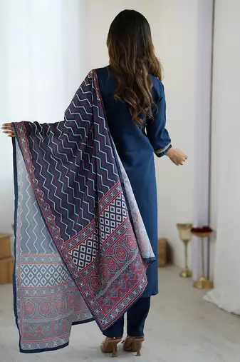 Navy blue chanderi silk heavy thread embroidered work with printed dupatta kurta pant set