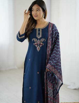 Navy blue chanderi silk heavy thread embroidered work with printed dupatta kurta pant set 4