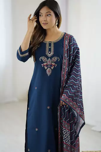 Navy blue chanderi silk heavy thread embroidered work with printed dupatta kurta pant set