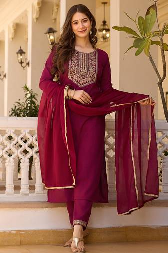 Maroon rayon thread embroidered with sequins work kurta pant set
