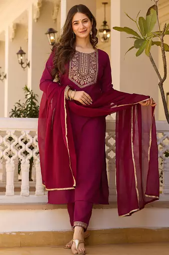 Maroon rayon thread embroidered with sequins work kurta pant set