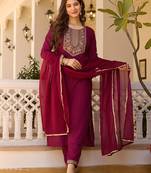 Maroon rayon thread embroidered with sequins work kurta pant set