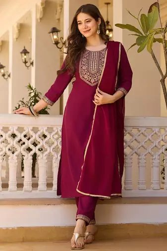 Maroon rayon thread embroidered with sequins work kurta pant set