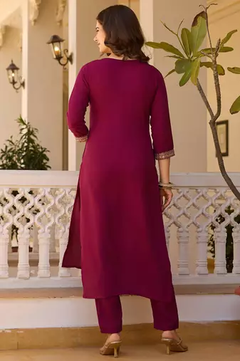 Maroon rayon thread embroidered with sequins work kurta pant set