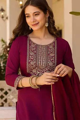 Maroon rayon thread embroidered with sequins work kurta pant set