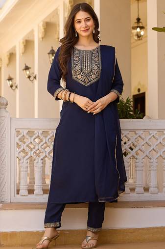 Navy blue rayon thread embroidered with sequins work kurta pant set