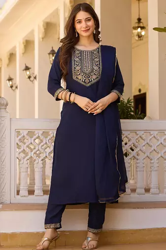 Navy blue rayon thread embroidered with sequins work kurta pant set