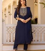 Navy blue rayon thread embroidered with sequins work kurta pant set