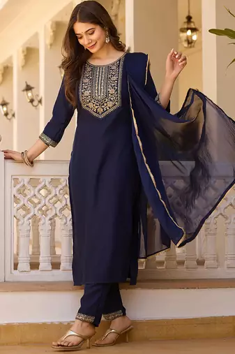 Navy blue rayon thread embroidered with sequins work kurta pant set