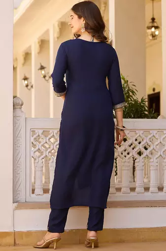 Navy blue rayon thread embroidered with sequins work kurta pant set