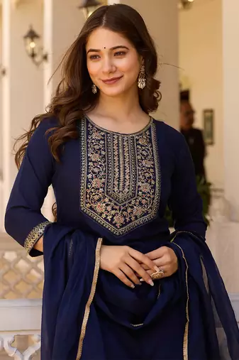 Navy blue rayon thread embroidered with sequins work kurta pant set