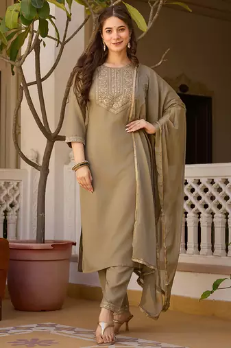 Pista rayon thread embroidered with sequins work kurta pant set