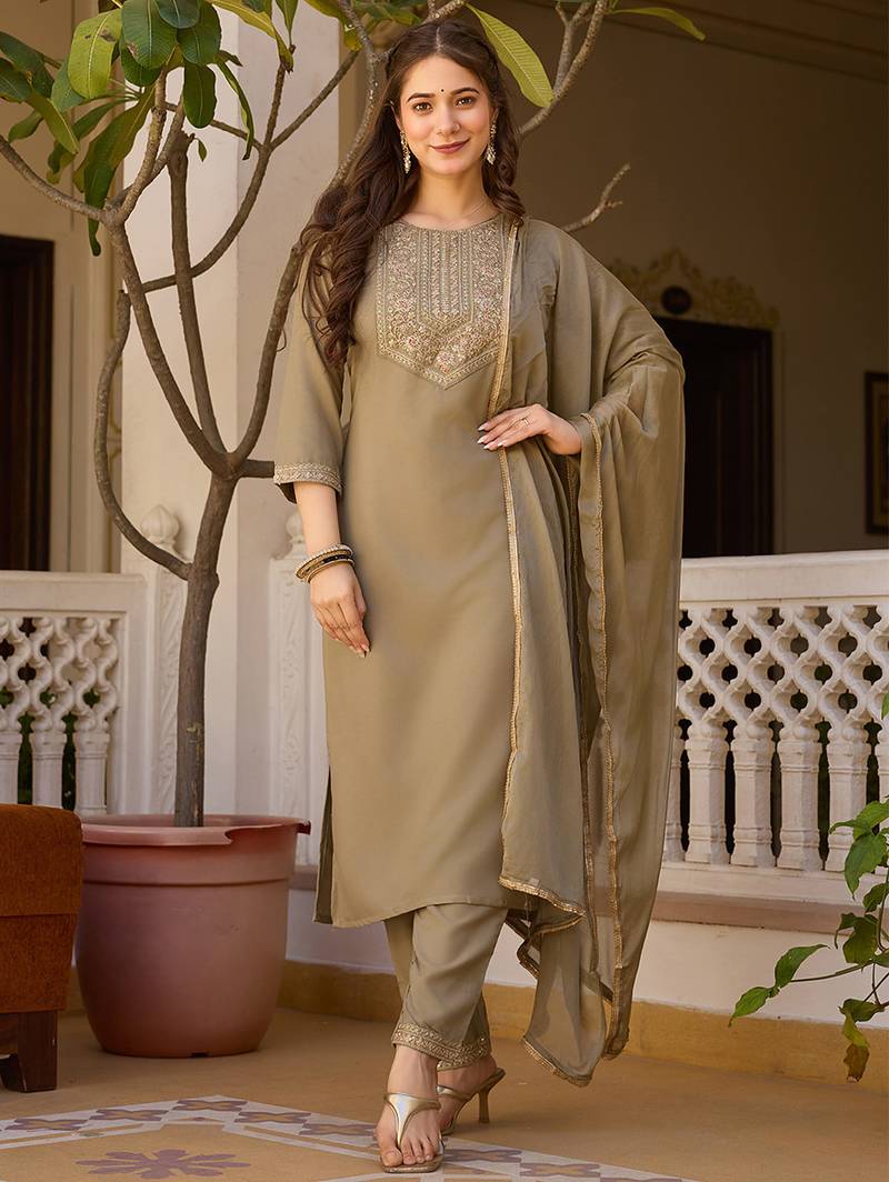Pista rayon thread embroidered with sequins work kurta pant set