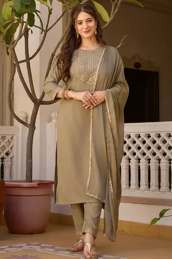 Pista rayon thread embroidered with sequins work kurta pant set