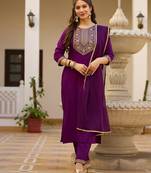 Wine rayon thread embroidered with sequins work kurta pant set