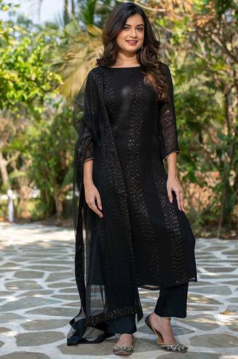 Black faux georgette thread embroidered with sequins work kurta pant set