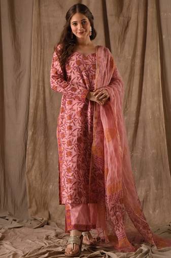 Pink roman linen slub printed kurta pant set