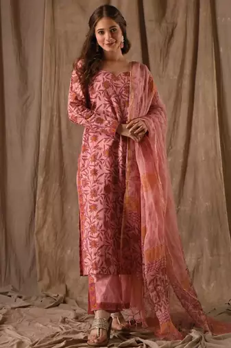 Pink roman linen slub printed kurta pant set