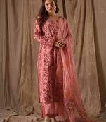 Pink roman linen slub printed kurta pant set