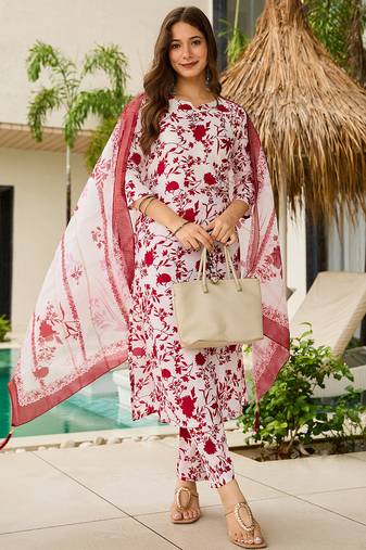 Off white silk blend printed kurta pant set