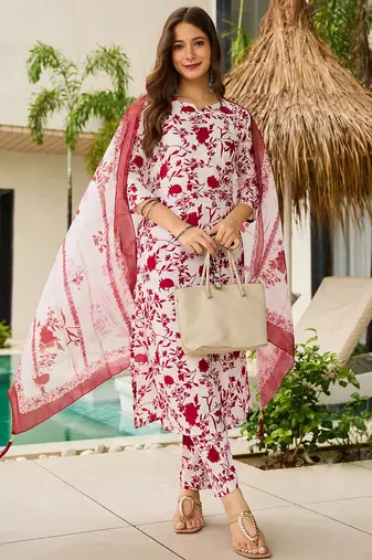 Off white silk blend printed kurta pant set