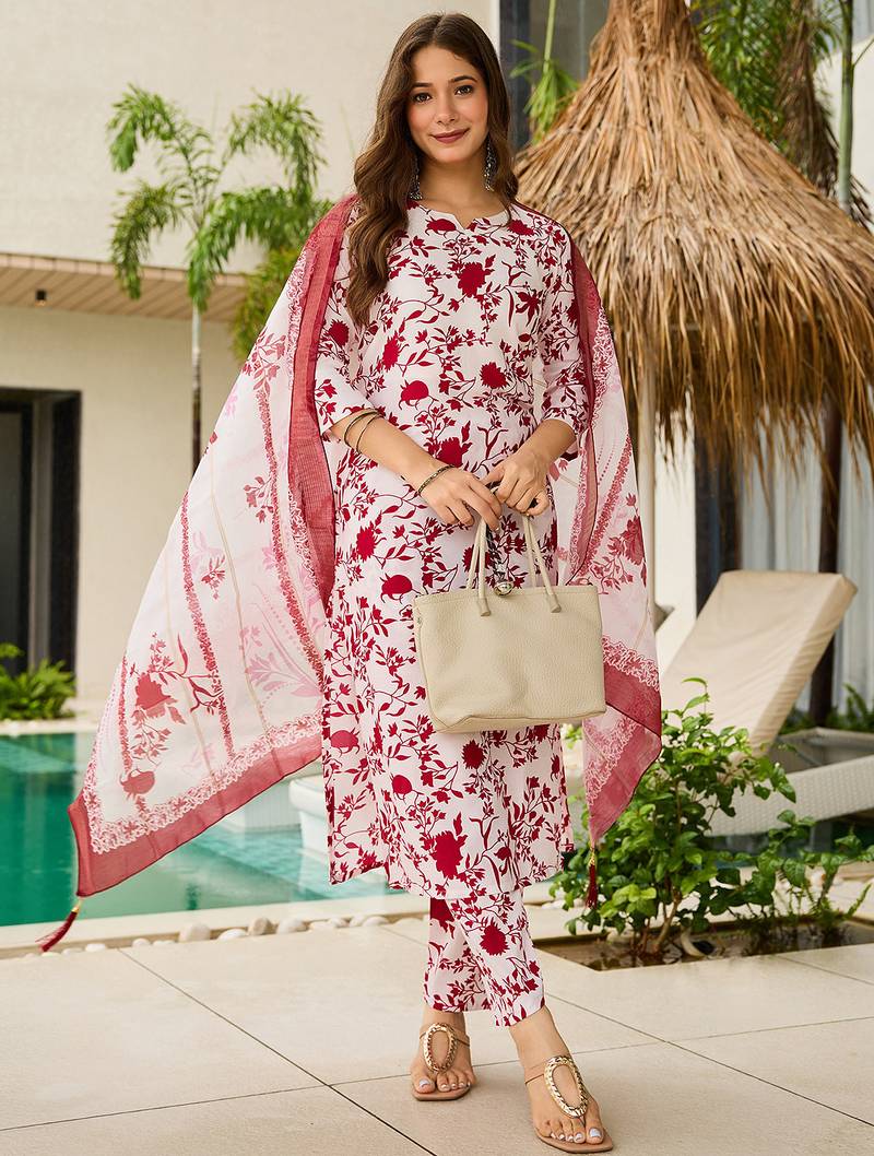 Off white silk blend printed kurta pant set