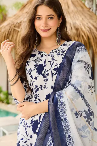 Off white silk blend printed kurta pant set