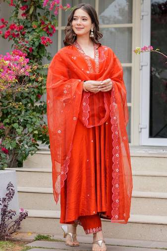 Orange viscose chanderi heavy thread embroidered work kurta pant set