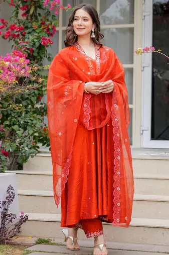 Orange viscose chanderi heavy thread embroidered work kurta pant set