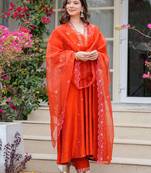 Orange viscose chanderi heavy thread embroidered work kurta pant set