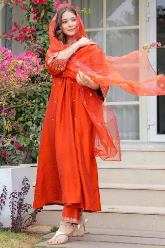 Orange viscose chanderi heavy thread embroidered work kurta pant set