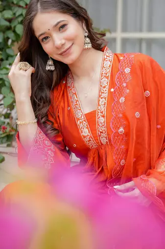 Orange viscose chanderi heavy thread embroidered work kurta pant set