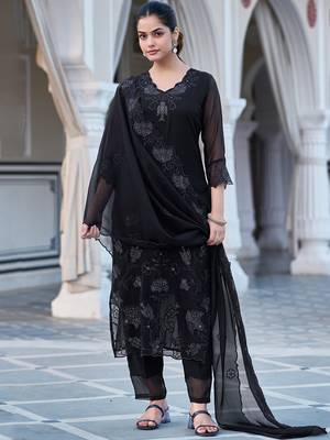 Black fox blooming georgette heavy thread embroidered work kurta pant set 1