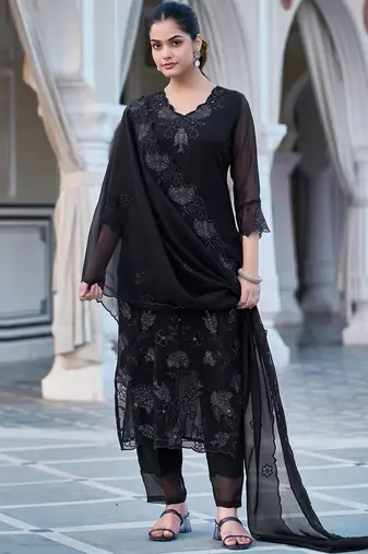Black fox blooming georgette heavy thread embroidered work kurta pant set