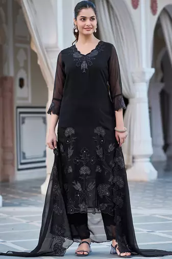 Black fox blooming georgette heavy thread embroidered work kurta pant set
