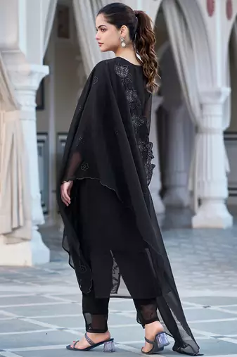 Black fox blooming georgette heavy thread embroidered work kurta pant set