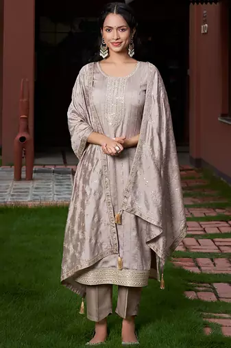 Grey vichitra silk thread embroidered with sequins work kurta pant set