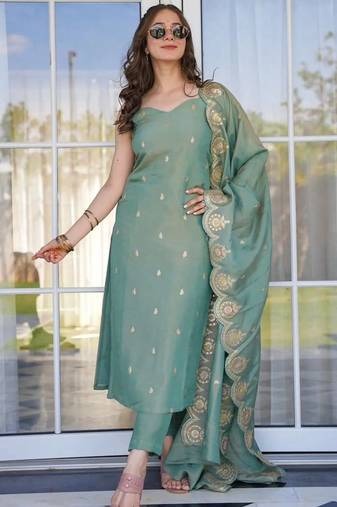 Sea green viscose zari chanderi heavy thread embroidered work kurta pant set