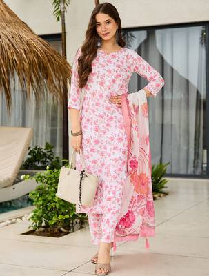 Off white silk blend printed kurta pant set 1