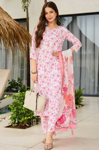 Off white silk blend printed kurta pant set