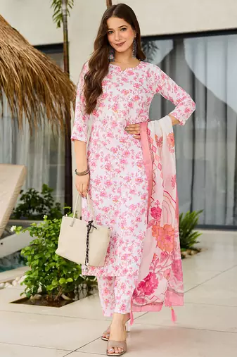 Off white silk blend printed kurta pant set