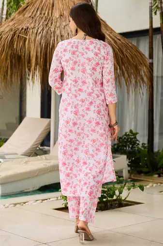 Off white silk blend printed kurta pant set