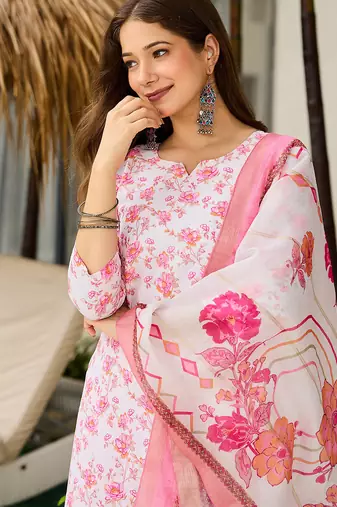 Off white silk blend printed kurta pant set